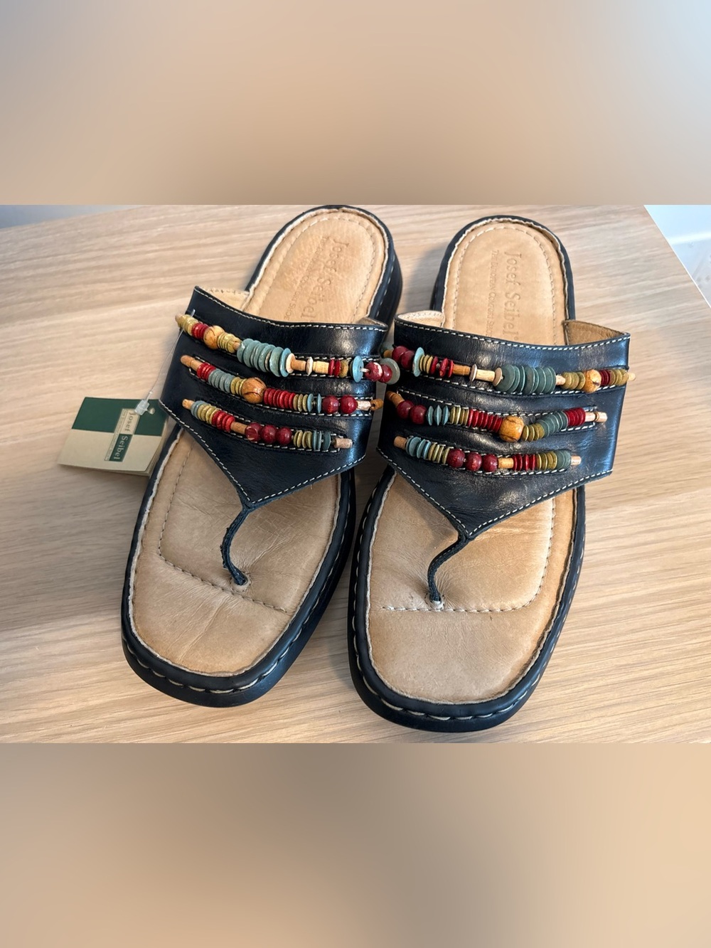 Josef Seibel Black Leather Beaded Thong Sandals